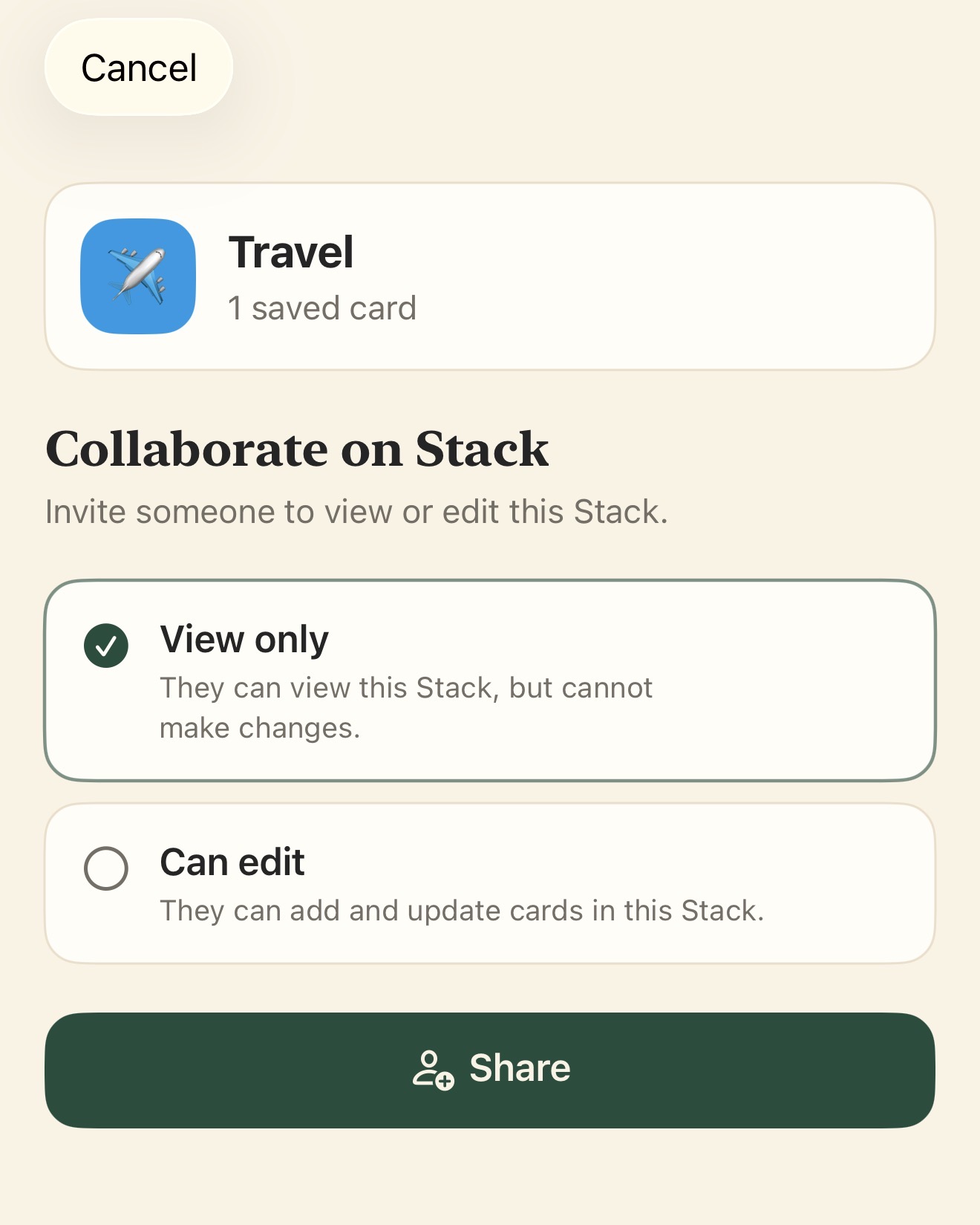 Indexd collaboration screen for sharing the Travel Stack with View only or Can edit permission