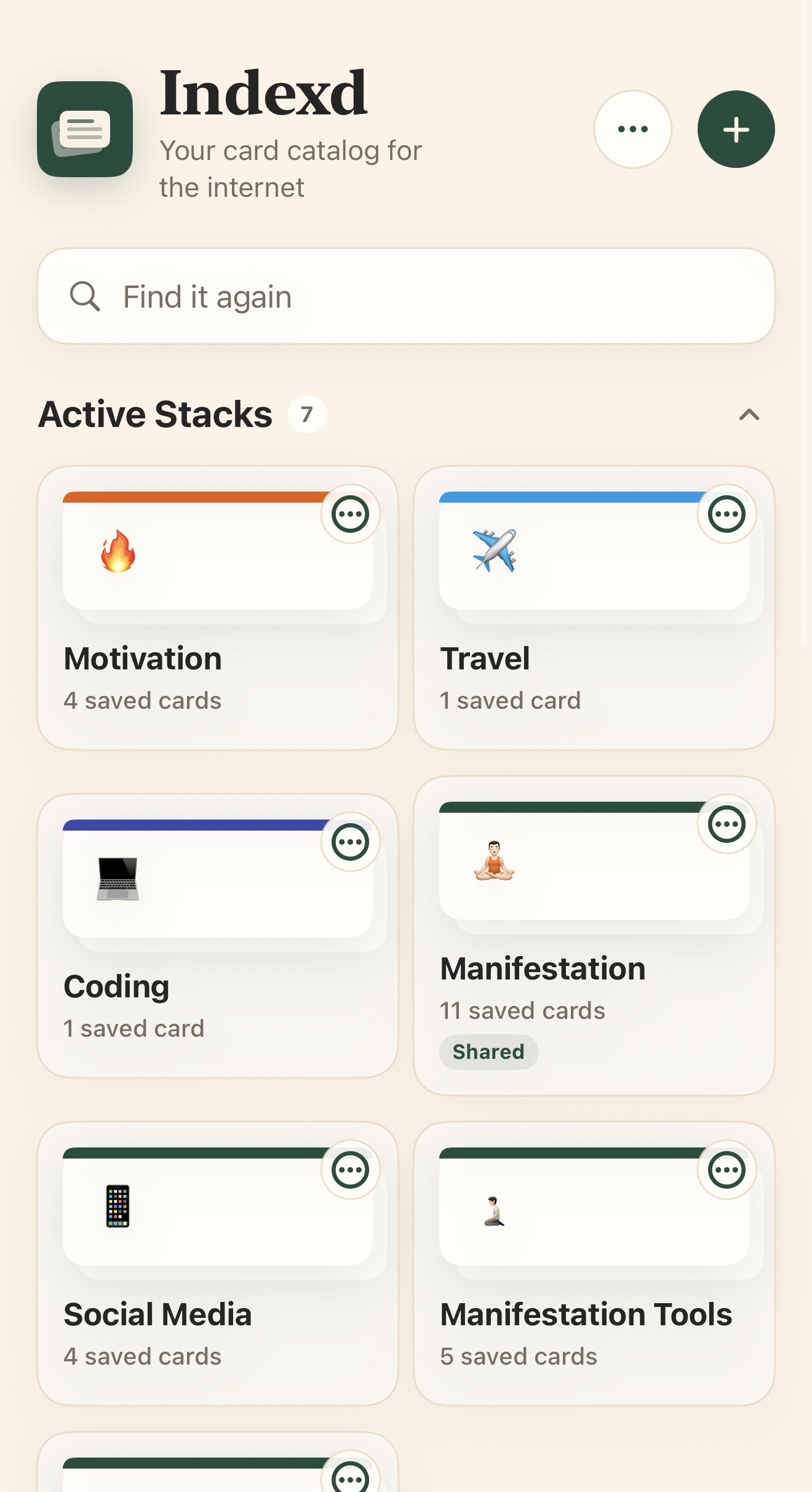Indexd home screen showing Find it again and colorful Active Stacks including Travel, Motivation, Coding, and Social Media