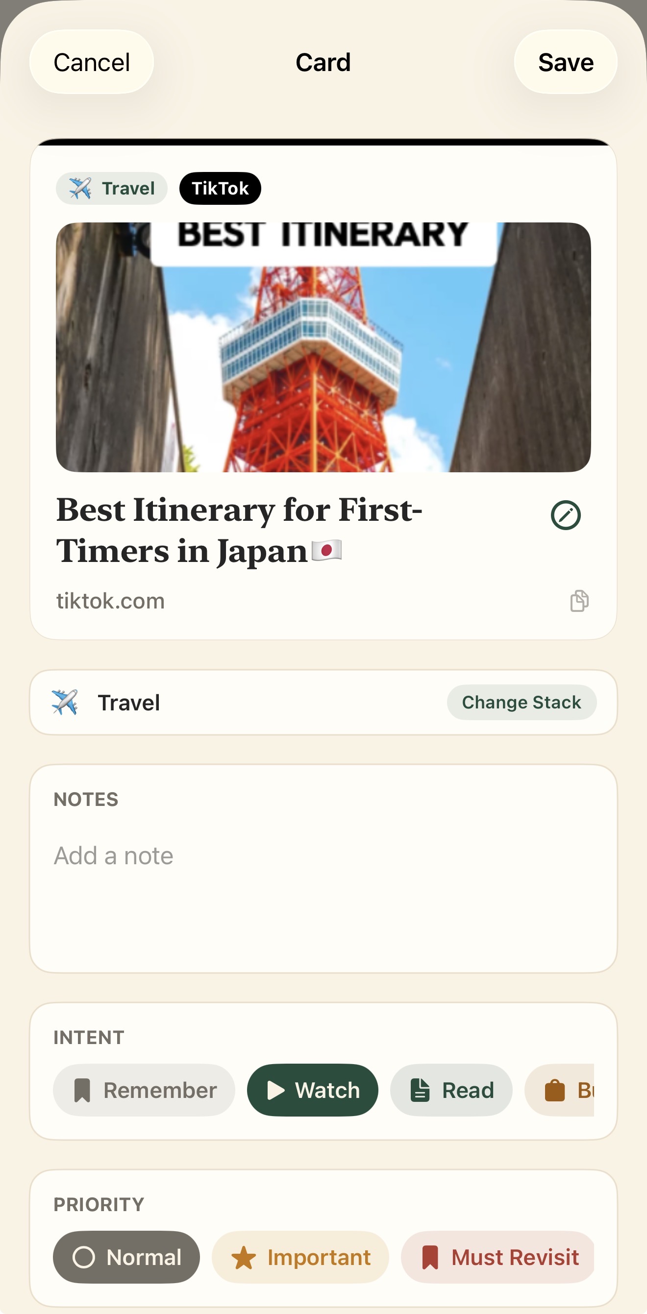 Indexd Card Detail for a Japan itinerary with Stack, Notes, Intent, and Priority controls