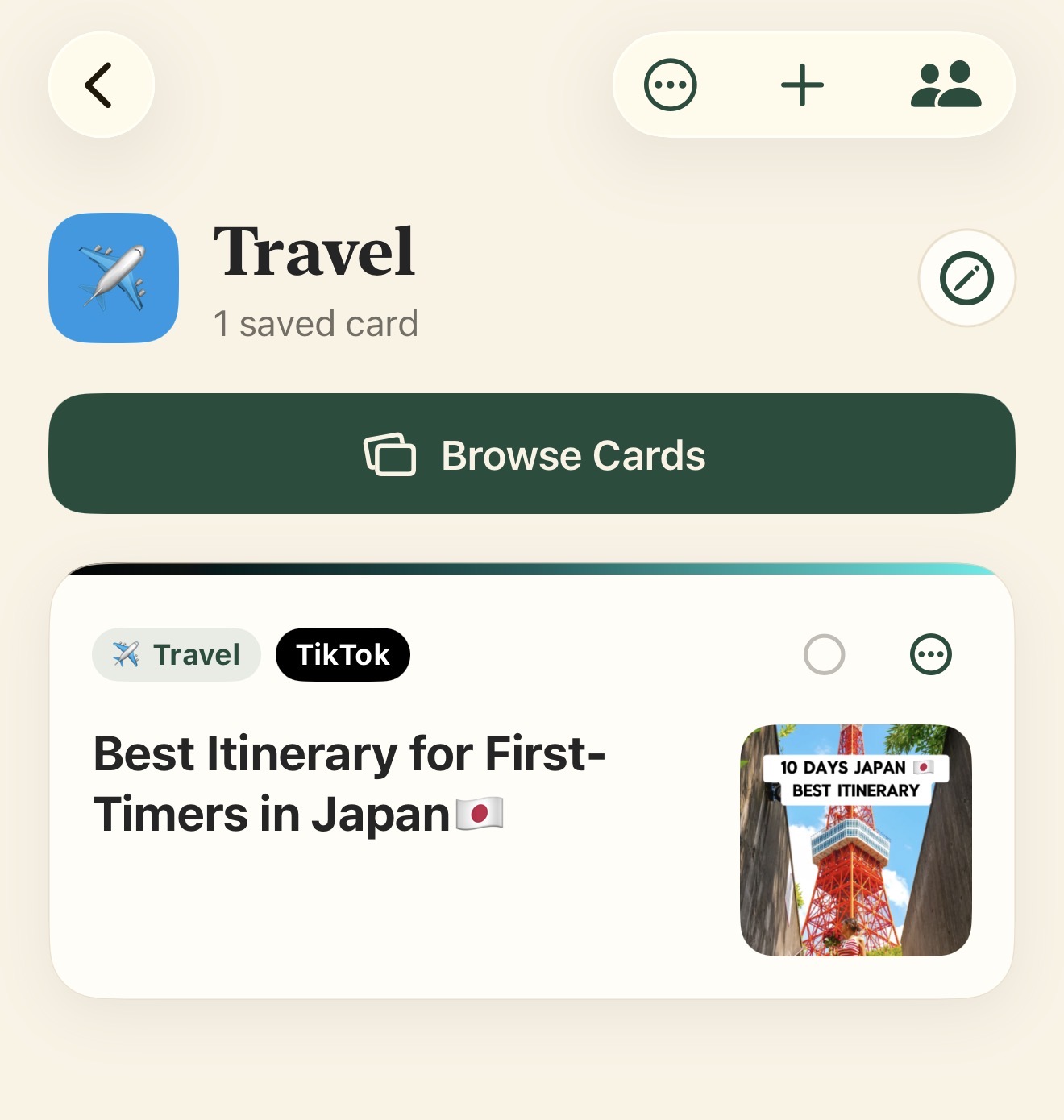 Travel Stack in Indexd containing a Japan itinerary TikTok Card