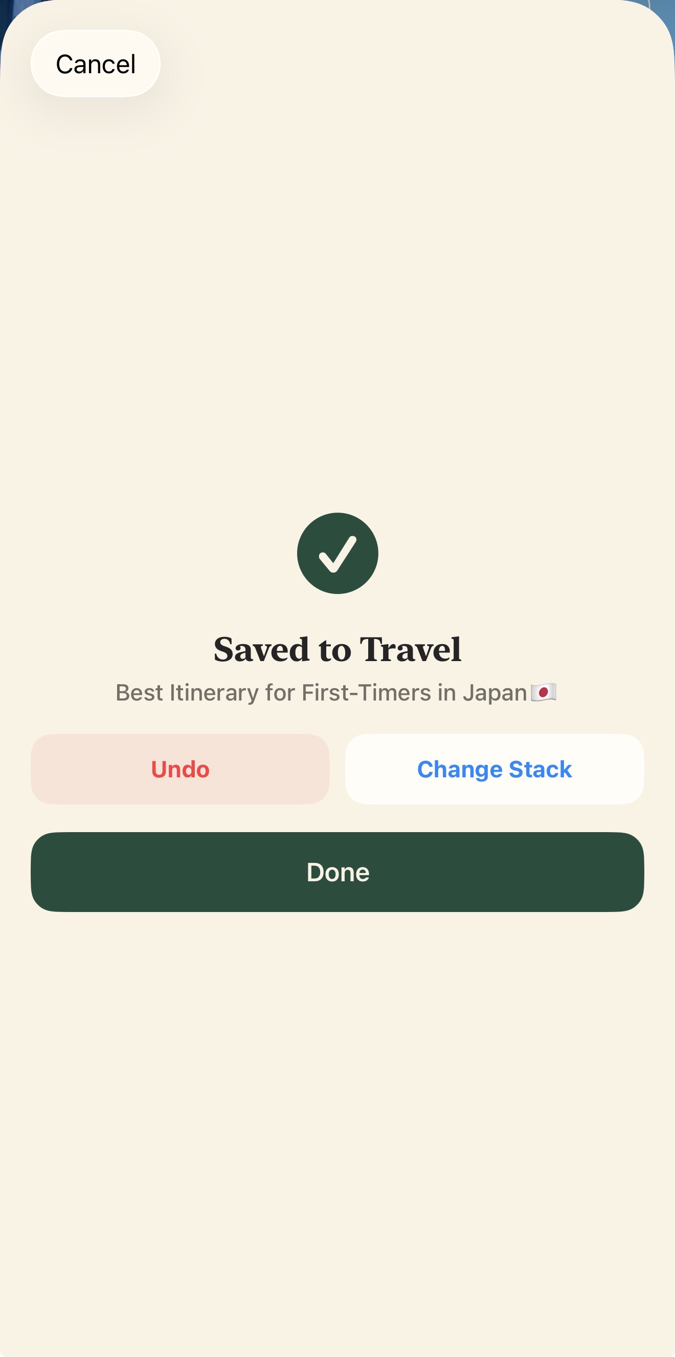 Indexd confirmation showing a Japan itinerary Card saved to the Travel Stack