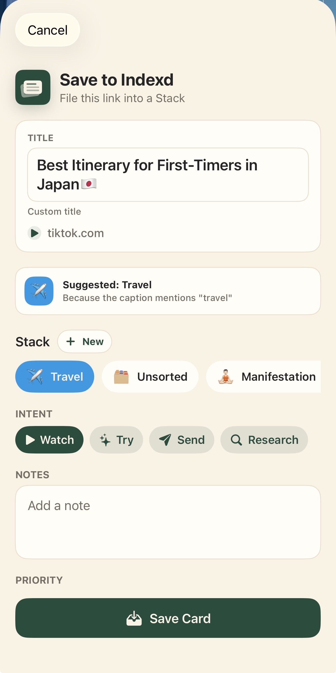 Indexd Share Extension saving a Japan TikTok to the Travel Stack