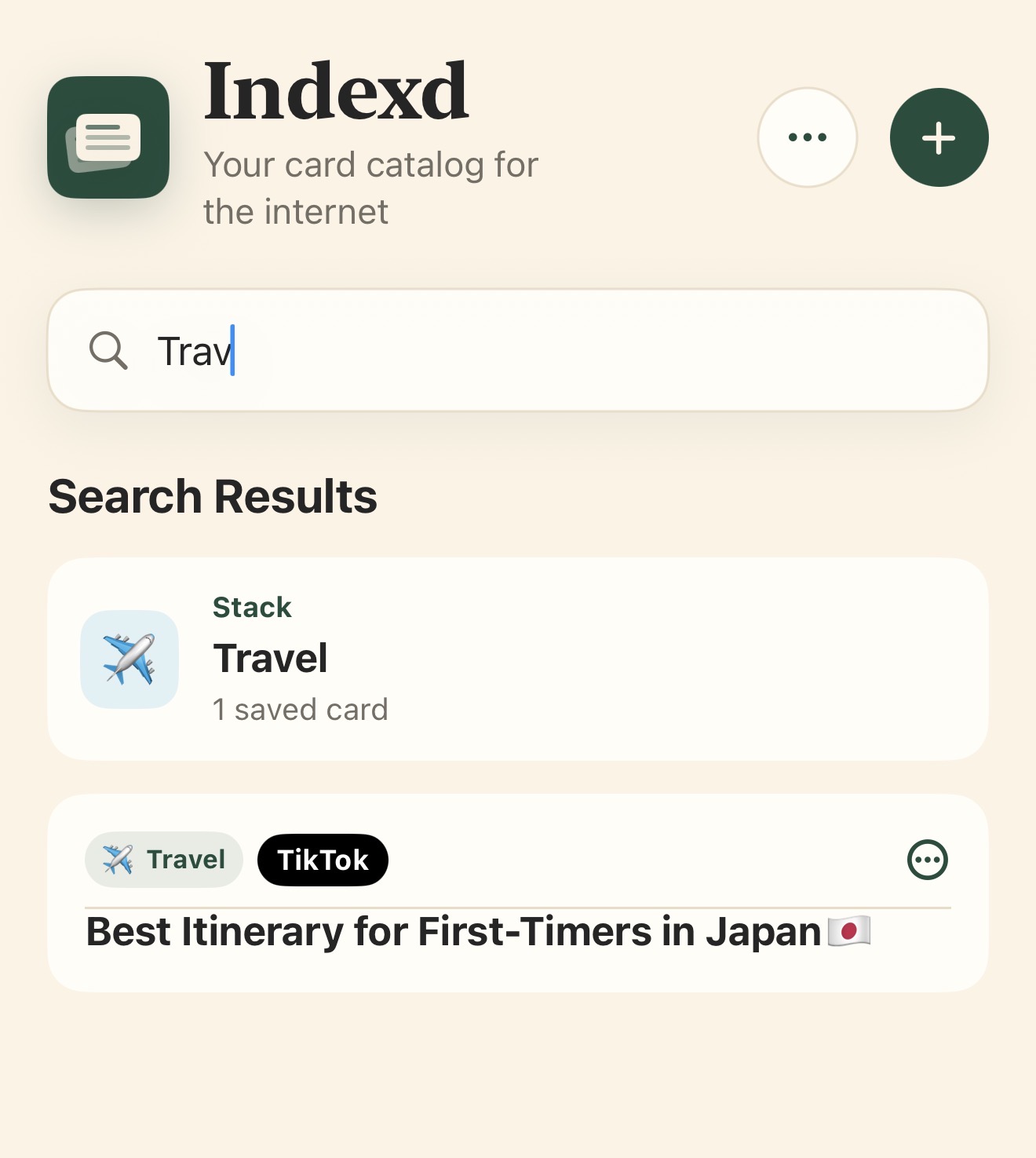 Indexd search results showing the Travel Stack and a Japan itinerary Card
